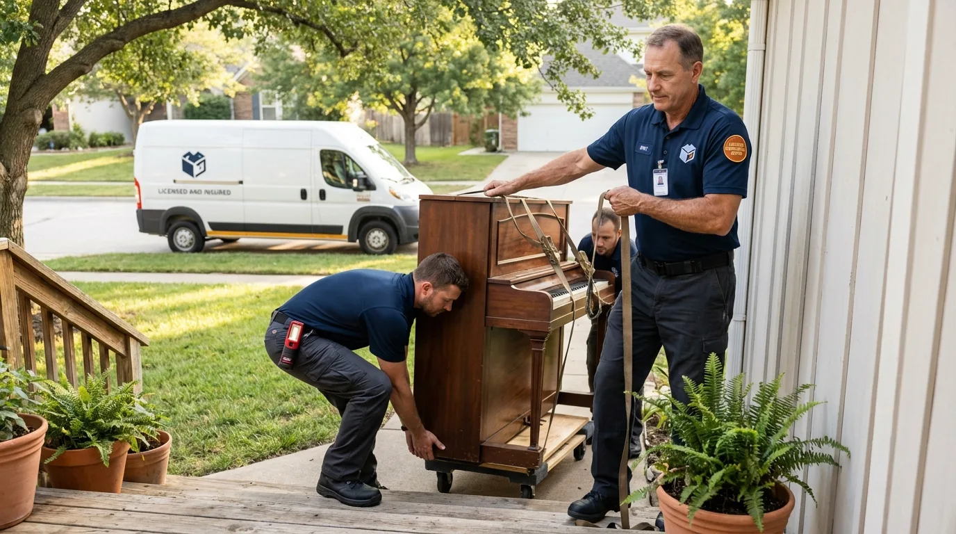 Licensed piano movers securing grand piano in Fossil, OR