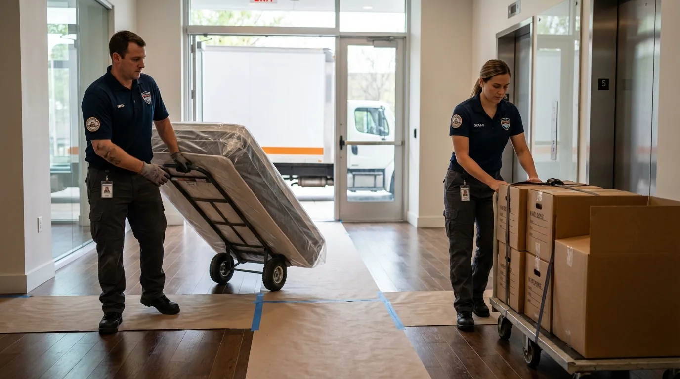 Professional apartment movers loading elevator in Fossil, OR