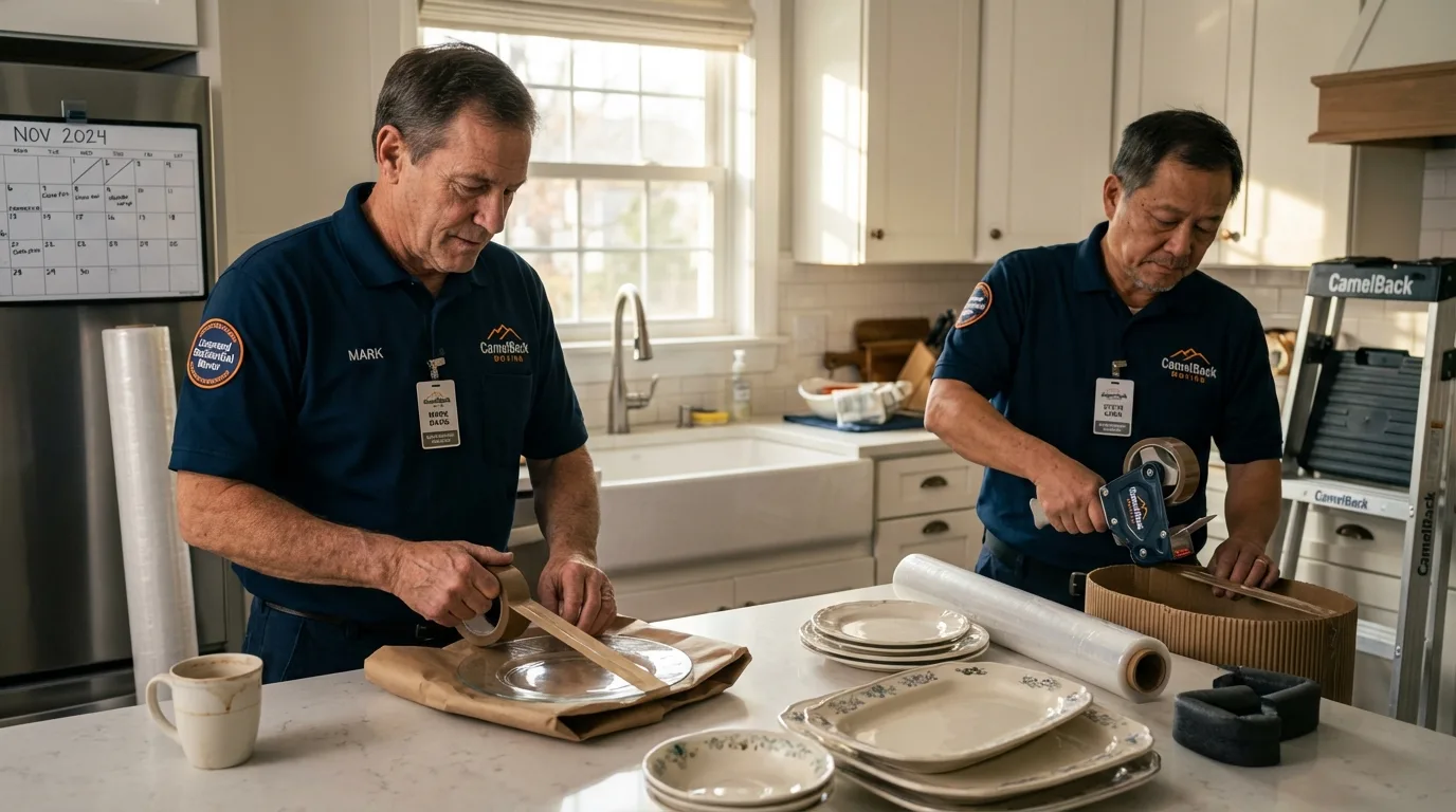Professional crew packing kitchen dishware in Fossil, OR